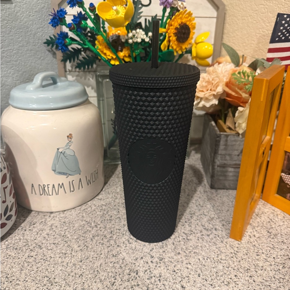 Black Textured Tumbler with Straw